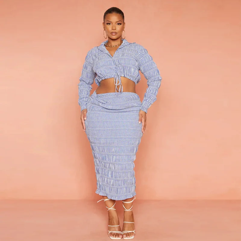 Fashion elegant women casual long sleeve drawstring crop blouse gingham slim midi skirt plus size two piece set