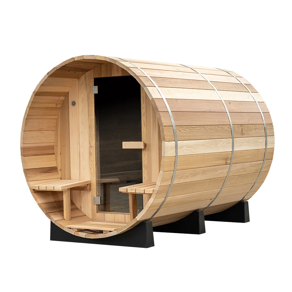 Wooden Sauna, Barrel Sauna, Sauna with trailer  A Western Red Cedar Wooden Barrel Sauna with Brown tempered glass
