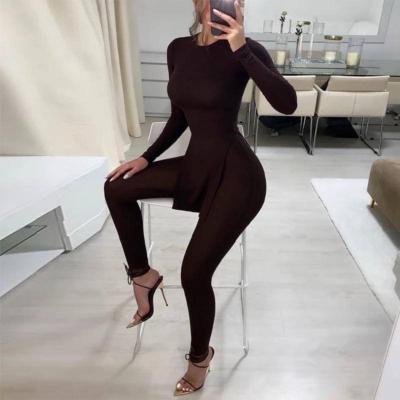 Fashion Clothes 2022 New Arrivals Trending Women Solid Color Ribbed Long Sleeve Top and Leggings Fall Two Piece Pants Set Sexy