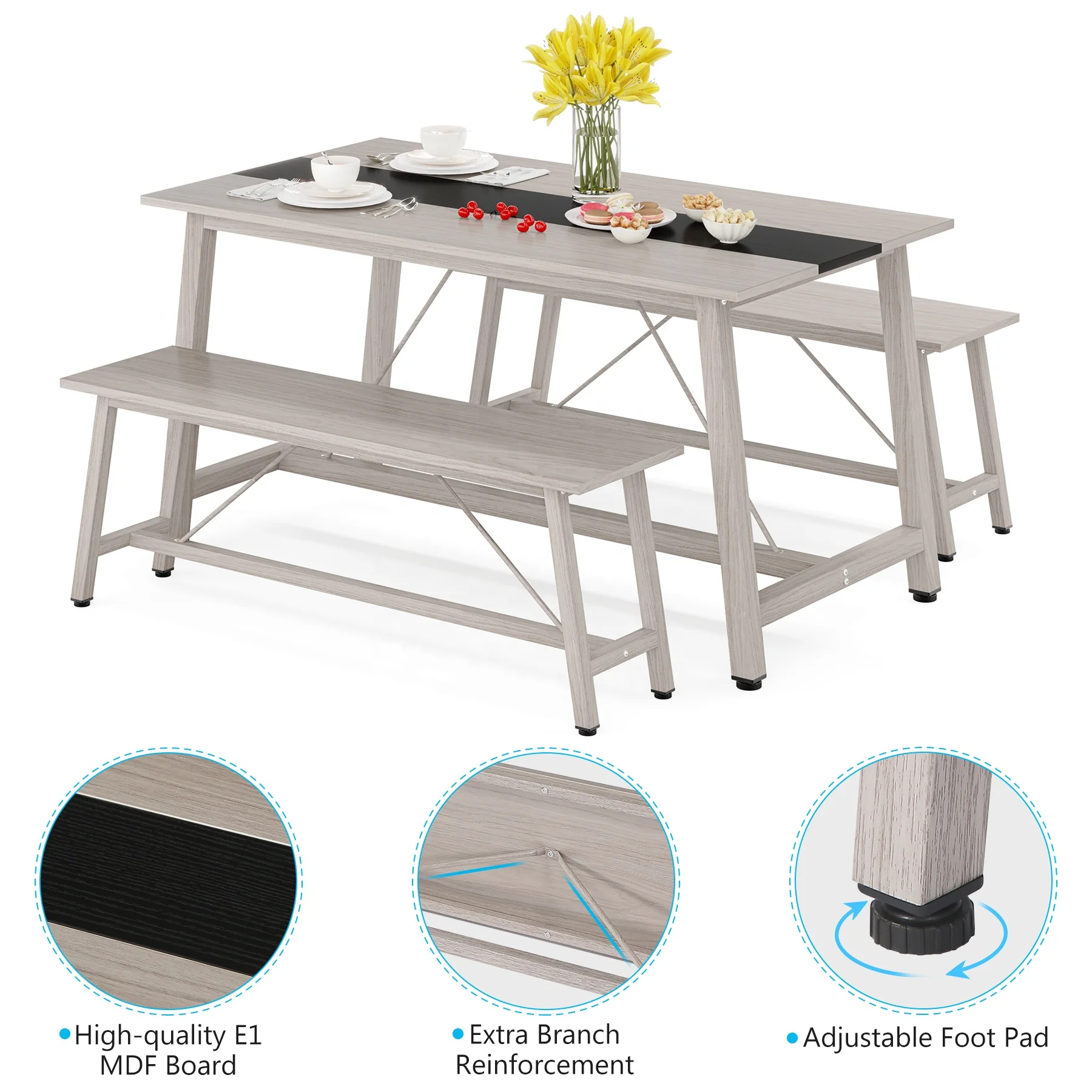 Tribesigns Extendable Modern Wooden Kitchen table set with two benches outdoor patio rectangular dining table set for 6
