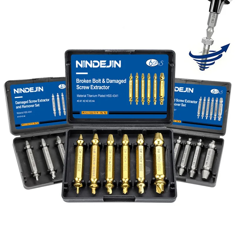 Manufacturer 4PC 5PC 6PC NINDEJIN  Titanium Plated Stripped Screw Extractor Set Speed Out Damaged Screw Extractor Kit