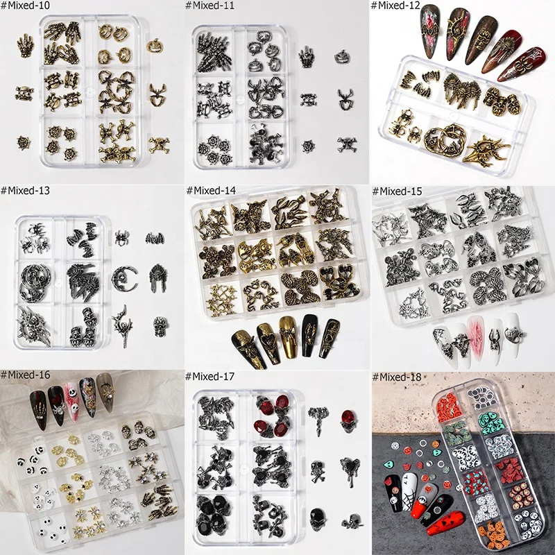 Halloween Spider Plated Red Rhinestone Metal Heart Bat Ghost Hand Claw Skull Alloy 3D Decoration Halloween Nail Art Charm