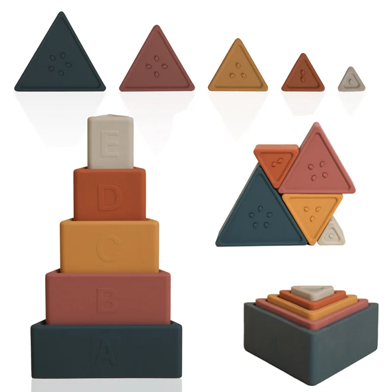Silicone Building Block Baby Teether BPA Free Stacking Triangles Montessori Toy Geometric Shape Stacked Educational Toy