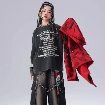 Customizable Hip-Hop Street Dance Outfit Trendy Performance Set with Hoodie, Denim Jeans, and Red Hooded Denim Vest for Kids