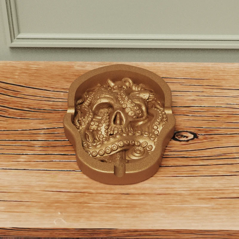 Personalised design shape logo branded art deco high end handmade cool fancy unique pretty gold resin polyresin skull ashtray