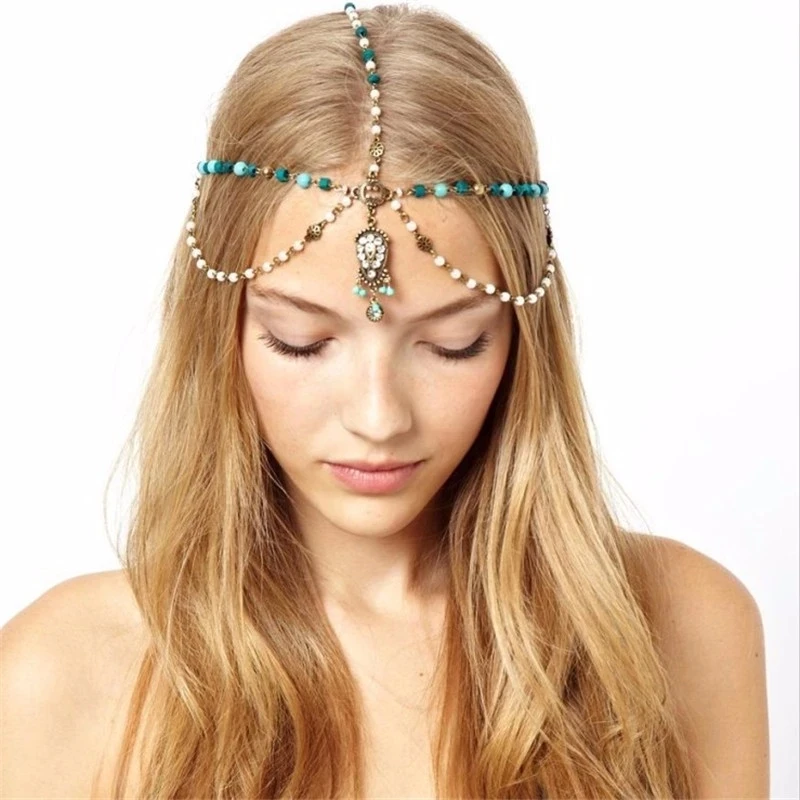 Factory Wholesale Bohemia Vintage indian Hair Jewelry Handmade Crystal Imitation Pearl Blue Wooden Beads Tassel Head Chain