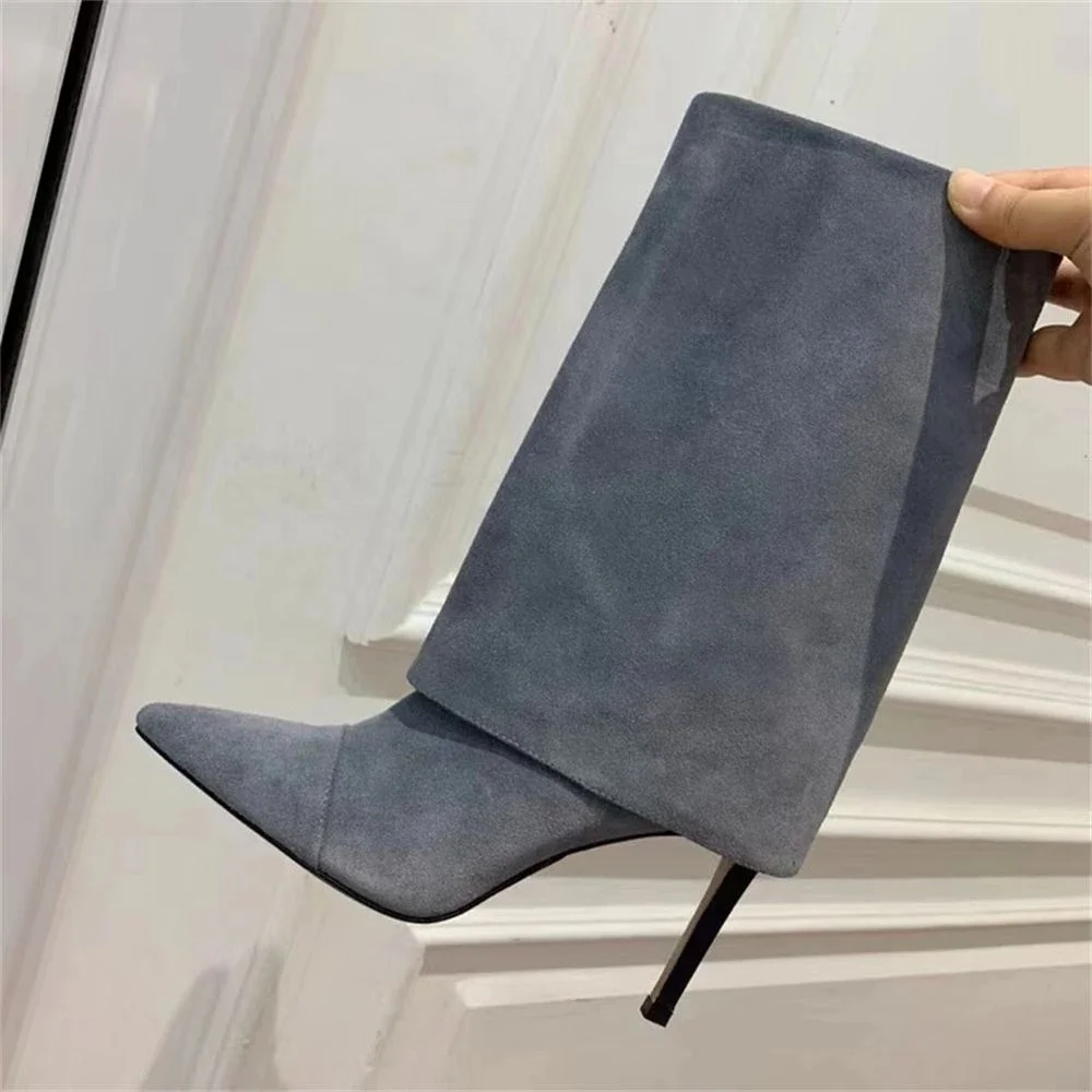 Winter Pointed Toe Slip On Ankle Boots Ladies Turned-Over Edge Suede Short Booties Women Stiletto High Heel Shoes