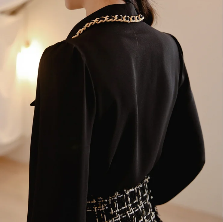 2021 New Two-piece suit OL Business Attire temperament shirt fashion lapel single-breasted chain blouse lantern sleeve Top+Skirt