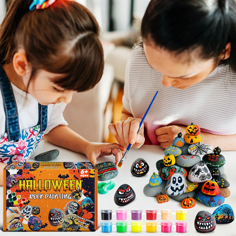 KHY Free Design Halloween Custom Wholesale Non-Toxic DIY Glow in the Dark Acrylic Paint Rock Painting Kit