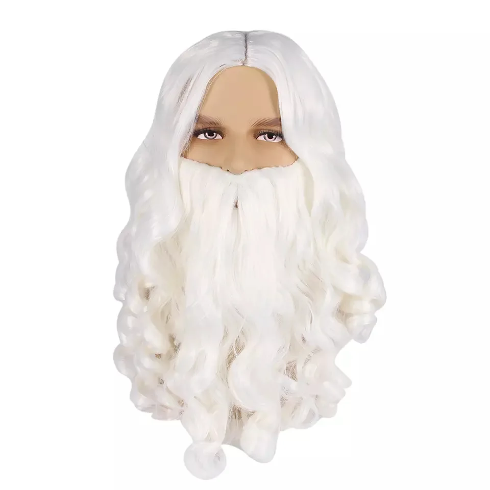 Christmas Cos Dress Up White Middle Parted Long Curly Beard Set Santa Claus Wig Long Curly Beard
