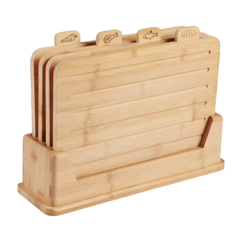 Custom eco-friendly 4 pcs bamboo wood cutting chopping board set with holder organizer label food icons juice groove for kitchen