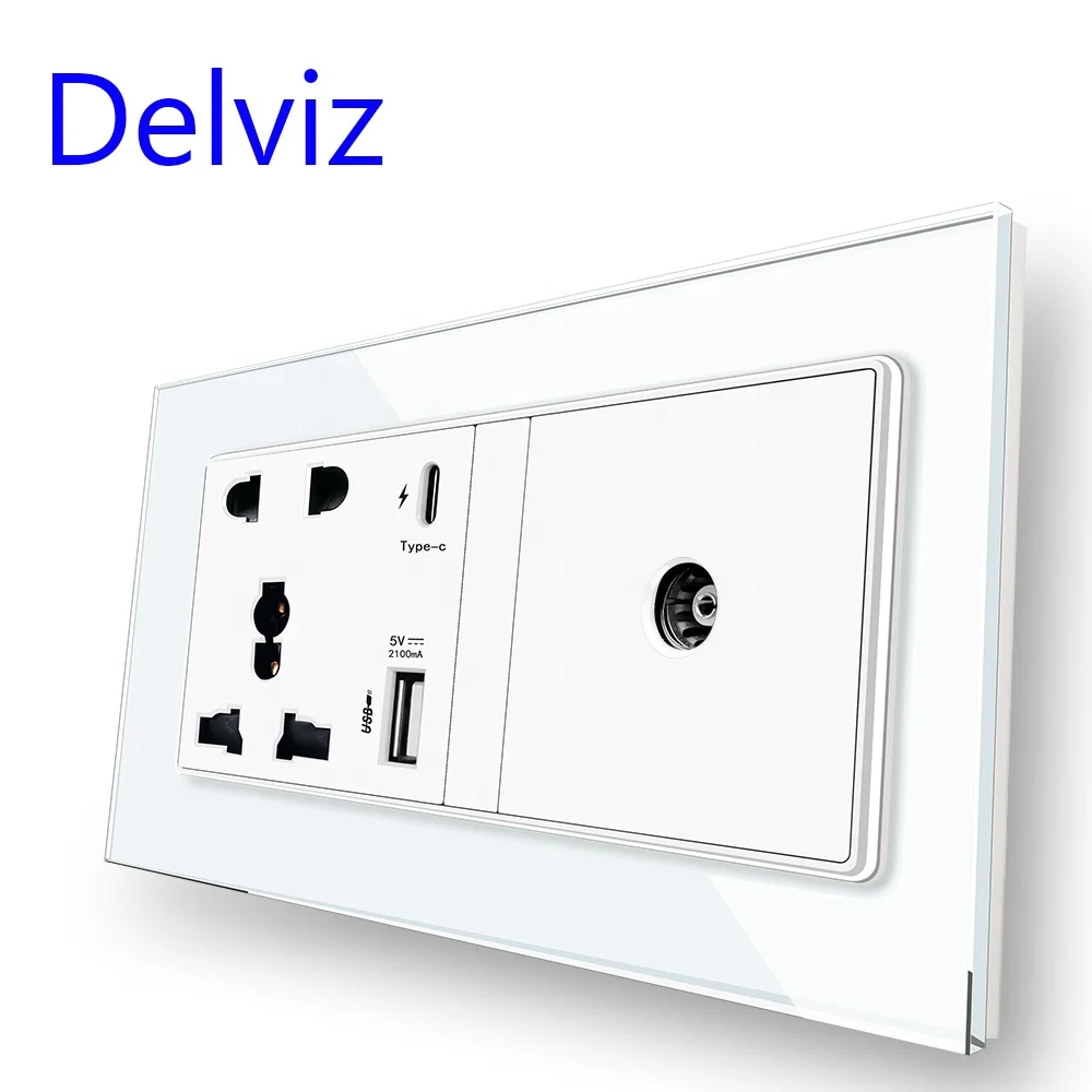Delviz multi function electric Outlet,Universal 13A Power Panel, 18W 4A Type C Smart Quick Charge USB port, Wall Cable TV Socket