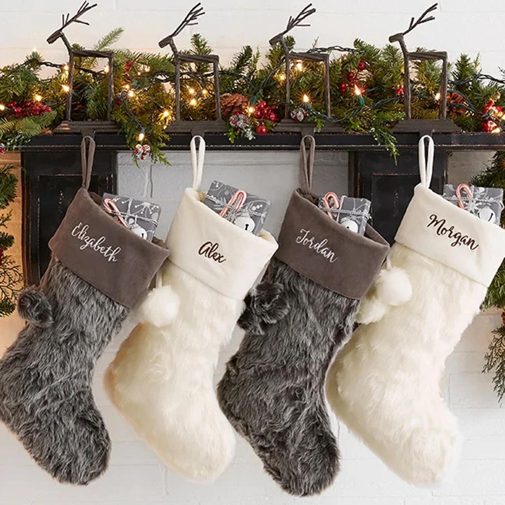 Custom Blank Canvas Santa Sock Lvory Faux Fur Christmas Stockings for Embroidery with Pom Pom