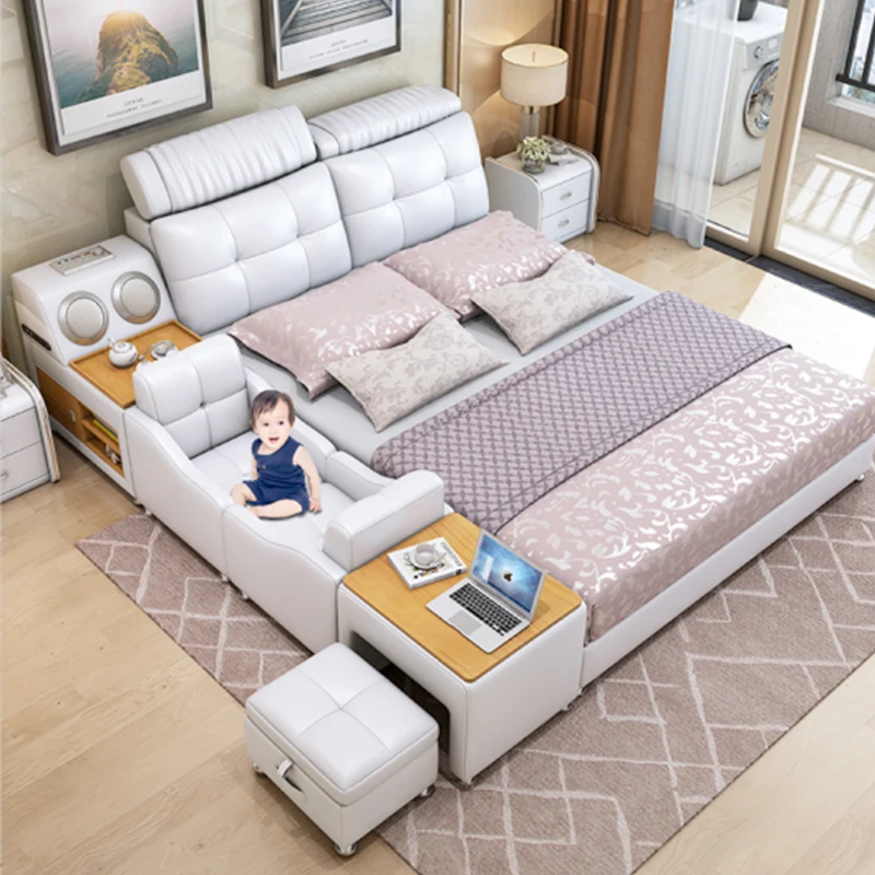 Modern Smart Single Sofa Bed Multifunctional Leather Wooden Bed