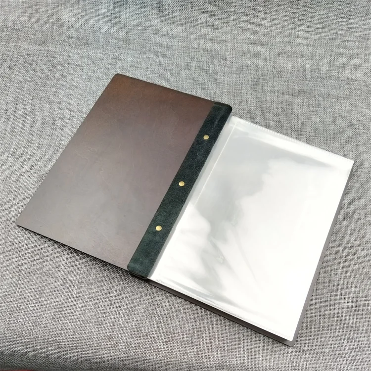 Customized Luxury Leather Strap Bamboo Wooden Cover Notebook Menu File Folder for Restaurant Hotel Wine Bar