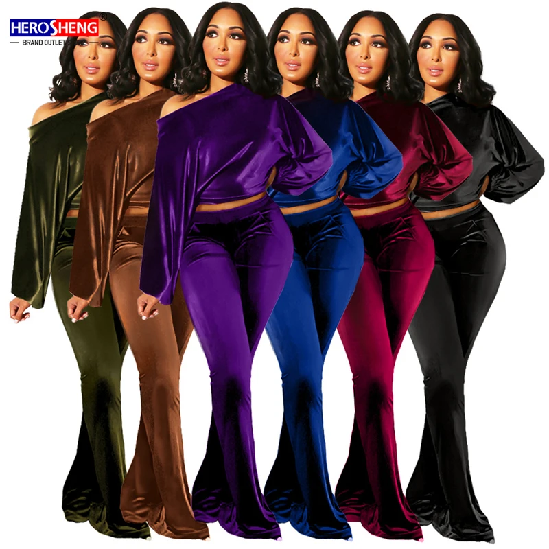 Распродажа оптом вельветовый женский фланелевый пуловер с рукавами-фонариками и карманами больших размеров, комплект из двух предметов со штанами