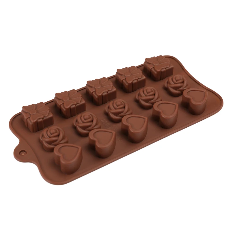 Factory direct price 15 cavities custom chocolate mold 3D heart flower and gift shape chocolate moulds heart for kids