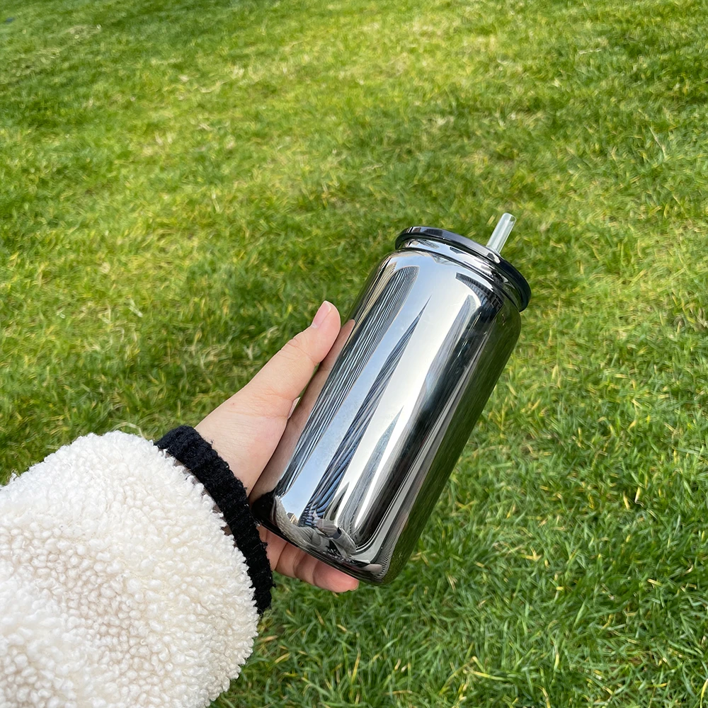 wholesale bulk 16oz metal mirror black plated drinking glass with colorful plastic lids borosilicate cold drink beer glasses