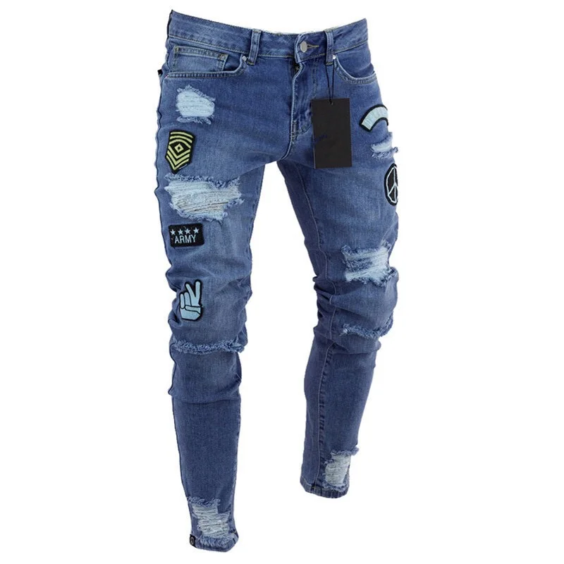 Men Hip Hop Streetwear Denim Pants Ripped Badge Skinny Jeans