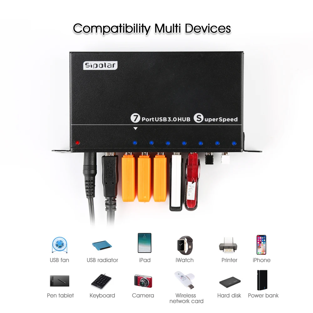Sipolar Black Metal Industrial Grade 60W USB HUB Powered 7 USB 3.0 Ports for Laptop/PC/HDD/Flash Drive