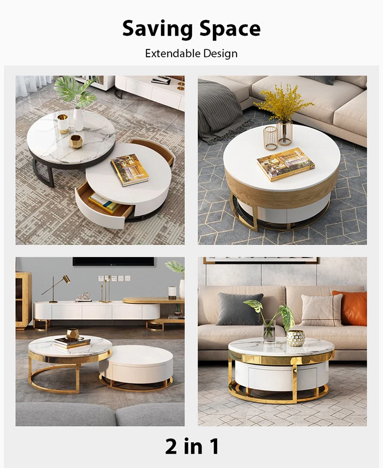 foldable lift top designer decor nesting living room furniture white gold round modern marble luxury coffee table