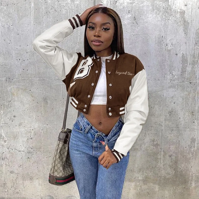 CA2439A Winter 2022 Women Fashion Colorblock Leather Sleeve Baseball Uniform Short Jacket Trending Autumn Ladies Cropped Coat