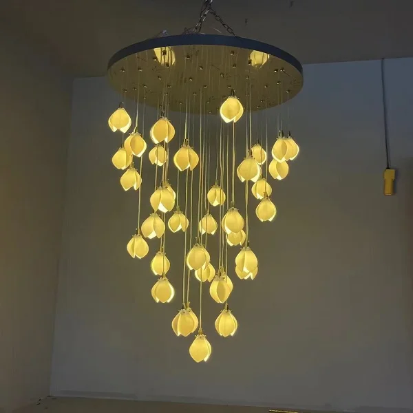 Custom Project Interior Decoration Engineering Hanging Lighting White Ceramic Flower LED Chandelier Pendant Light