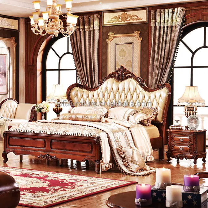 Classic King/Queen Size Royal Bed European Bedroom Furniture Set Luxury Baroque Carved Design Up-holstered Princess Wooden Beds