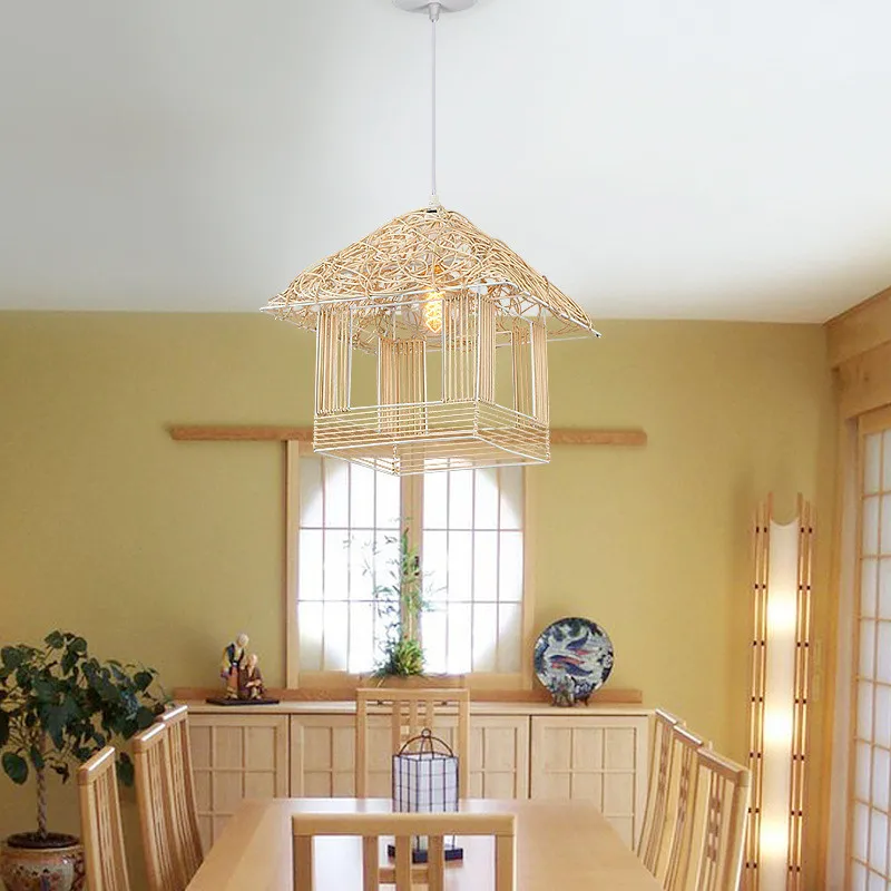 LED Idyllic Rattan Small House Chandelier Weaving Cabin Living Room Lamp Bedroom Warm Creative Personality Restaurant Bamboo Cha