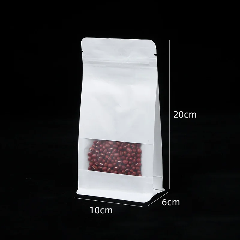 10*20+6cm In Stock White Stand Up Kraft Paper Bag Food Grade Eight Side Seal Gusset Pouch Flat Bottom Pouch Clear Window