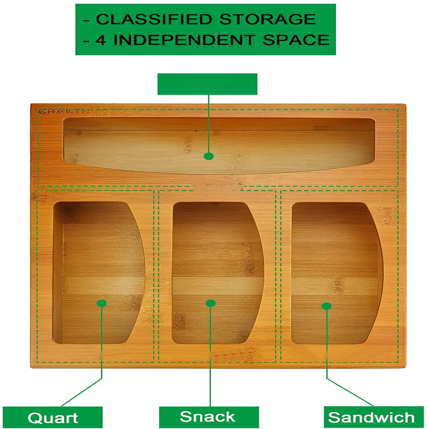 Kitchen Drawer Gallon, Quart, Sandwich  Snack Variety Size  Bamboo Ziplock Bag Storage Organizer
