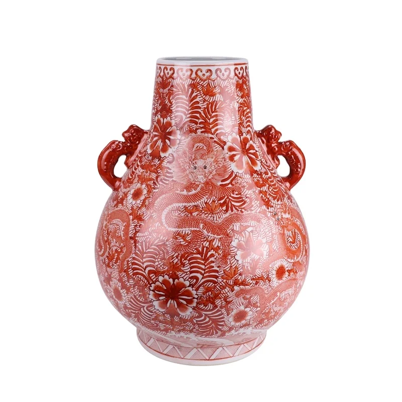 RZIS16-A Alum Red Nine Dragon Full Pattern Ceramic Blessing Bucket Decorative Vase with Elephant Ear