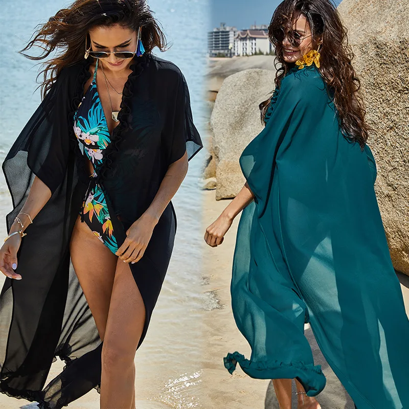 
Wooden ear sexy see-through swimsuit blouse long chiffon sun-protection cardigan beach dress 