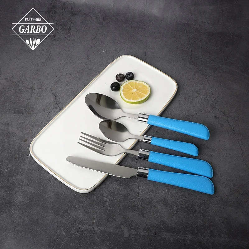 Shiny Mirror Flatware Set Blue Plastic Handle Dinner Knife Stainless Steel Silverware Set Hot Selling Modern Dinner Knife Set