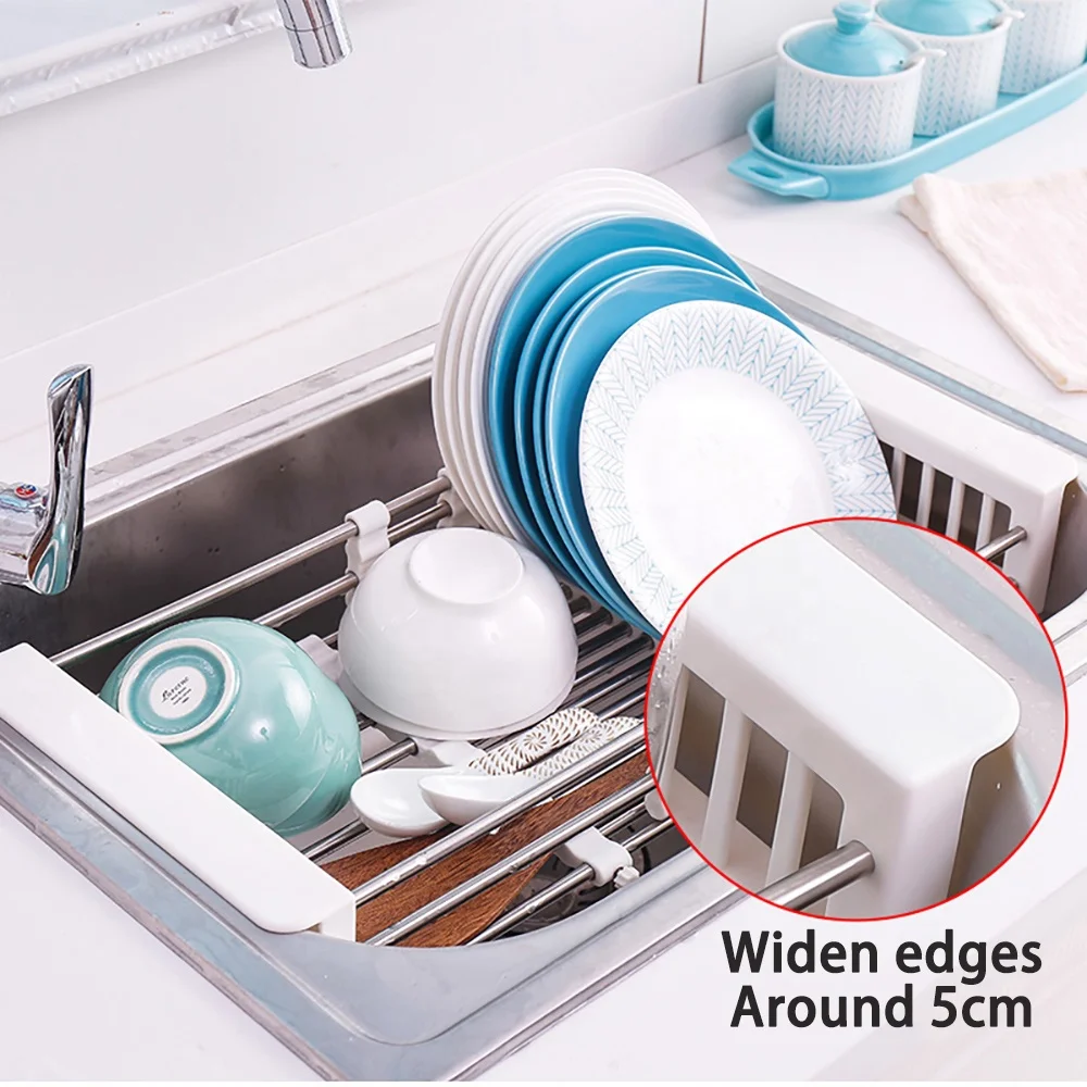 304 Stainless Steel Width Extendable Dish Bowl Storage Rack Over Sink Vegetable Wash Basket Rack Dish Drainer for Kitchen