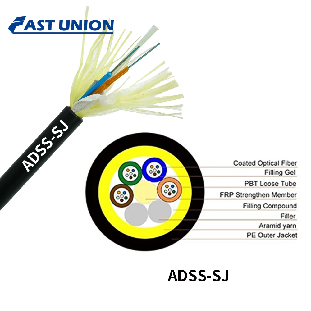 ADSS Optic Fiber Cable 9.5mm 9.8mm 10.8mm Diameter FRP 2.2mm 6 8 12 24 36 48 72 96 Fiber 50 100 Span FTTH ADSS Fiber Optic Cable