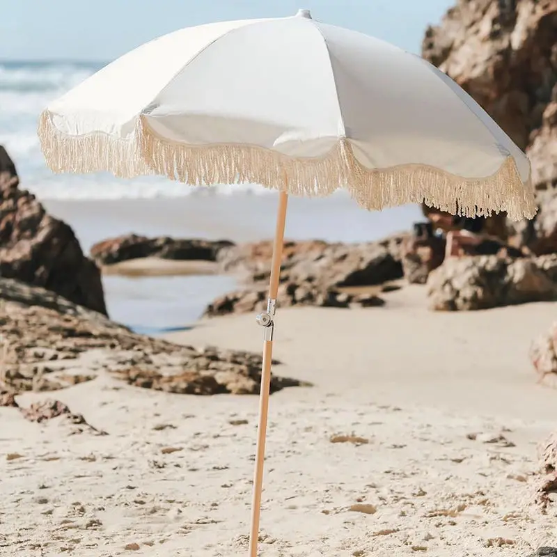 BR Wholesale Custom Vintage Boho Pagoda Sun Beach umbrella Outdoor with Tassels, Wooden Pole Big Patio Garden Parasols Furniture