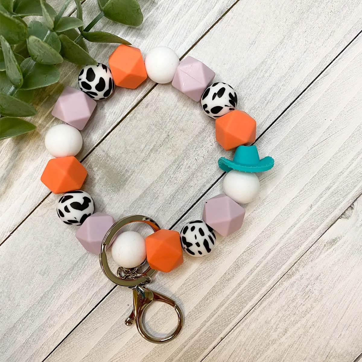 Girls Accessories Cow Print Silicone beads Bracelet Western Style Cowboy Hat Wristlet Keychain for Women