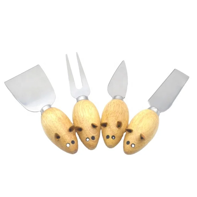 Stainless Steel Jam  Butter Spreader Set Cutter Grater Fork Set 4 Pieces Slicer Cheese Knife with Beech Wood Handle Mouse Shape