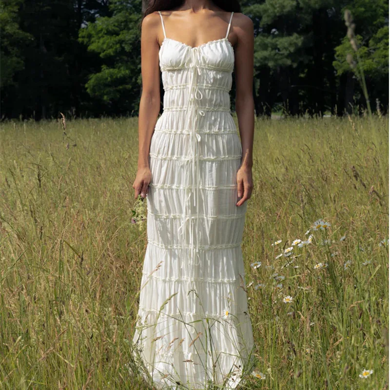 Женское Макси-Платье на тонких бретельках с оборками и бантом бохо-платье для женщин