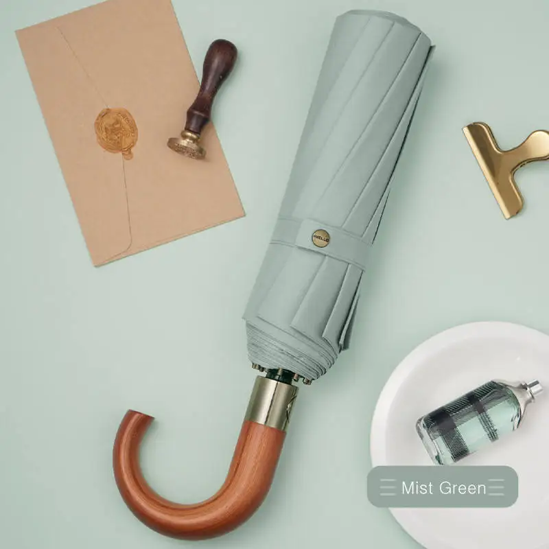 Factory wholesale automatic single layer umbrella 3 fold open umbrella hook wooden handle with uv