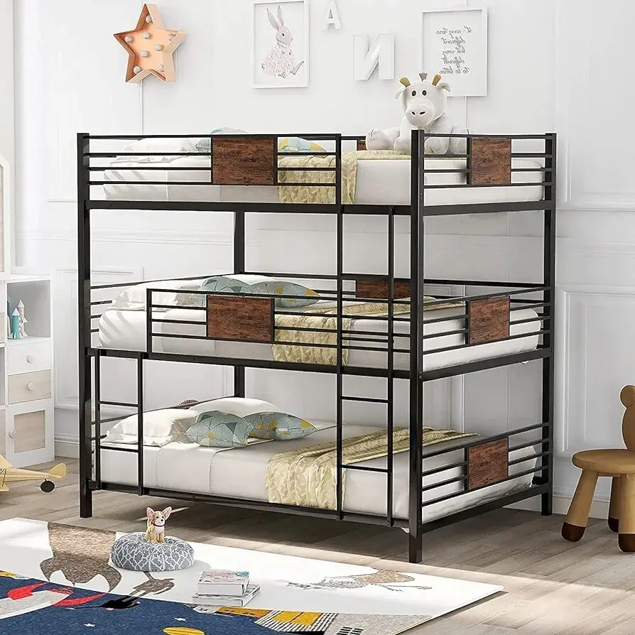 Metal Triple Bed Twin Over Twin Over Twin, Frame with Long and Short Ladder for 3, Strong Bunk Beds for Kids and Adult