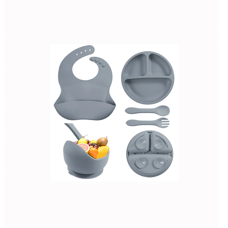 BPA Free Custom Logo Cheap 5PCS Kids Silicone Plate Baby Plates Bowl Gift Sets Silicone Baby Feeding Sets