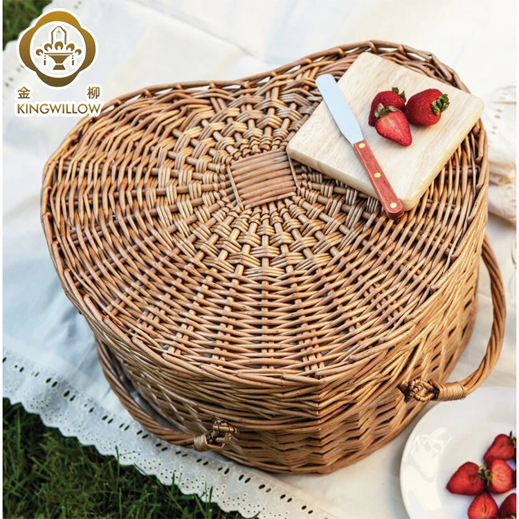 Kingwillow фрукты еда и напитки корзина для хранения плетеную в форме сердца Корзина для пикника, корзина натуральный цвет для 2 человек 45x35x26cm