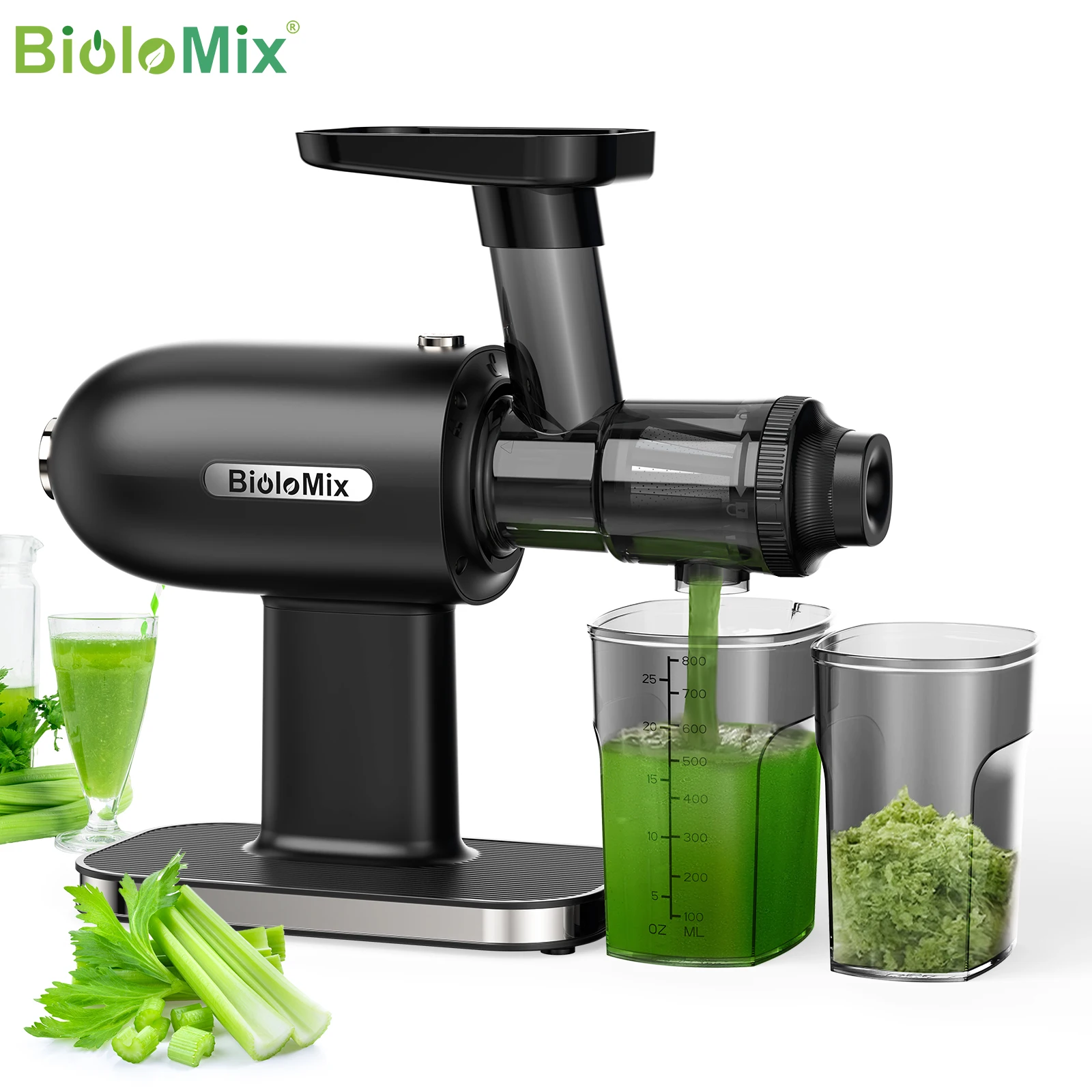 BioloMix 200W 40RPM Stainless Steel Masticating Slow Auger Juicer Fruit and Vegetable Juice Extractor Compact Cold Press Juice