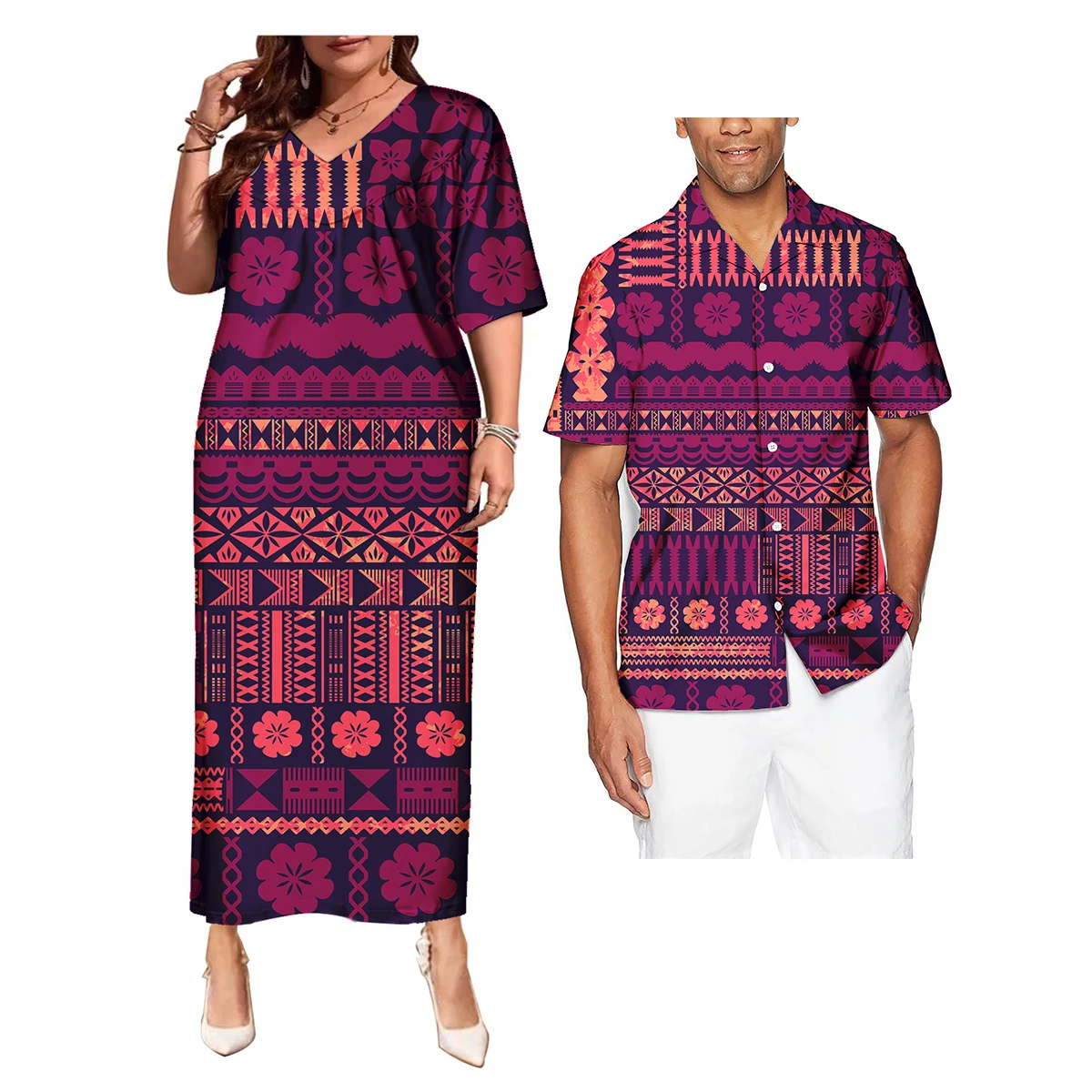 Wholesale Hawaiian Printed Couples Clothing Dress And Shirts Vintage Polynesian Tribal Floral Print Short Sleeve Couple Clothes