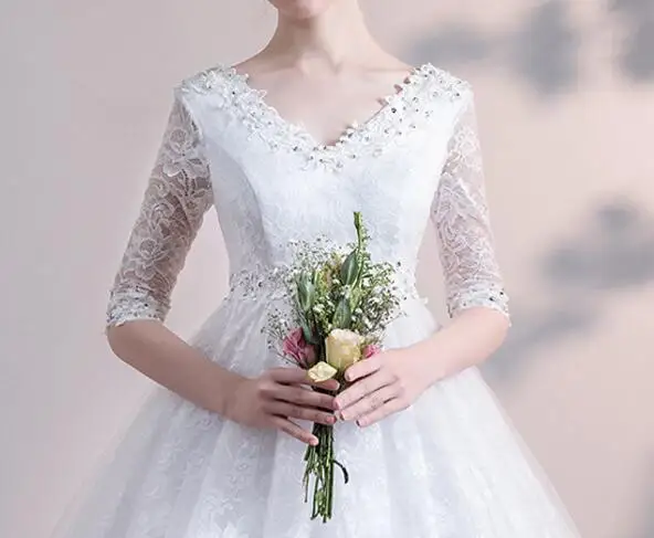 V Neck Lace Half Sleeve Ball Gown Wedding Dress for Pregnant Women Maternity Wedding Gowns