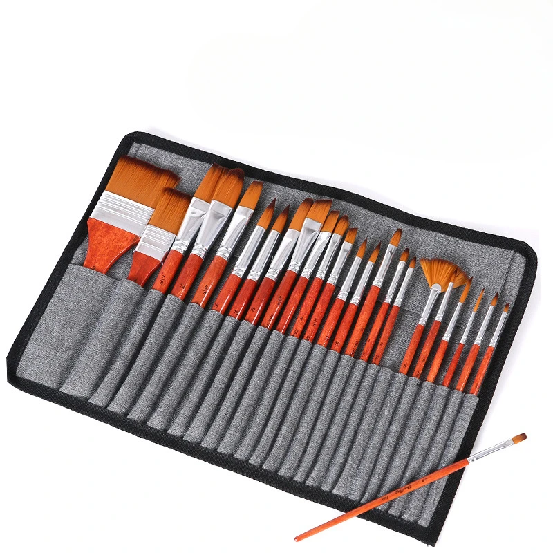 25 Nylon Hair Brush Set Portable Pen Curtain Canvas Bag Art Raw Paint Brush Board Brush