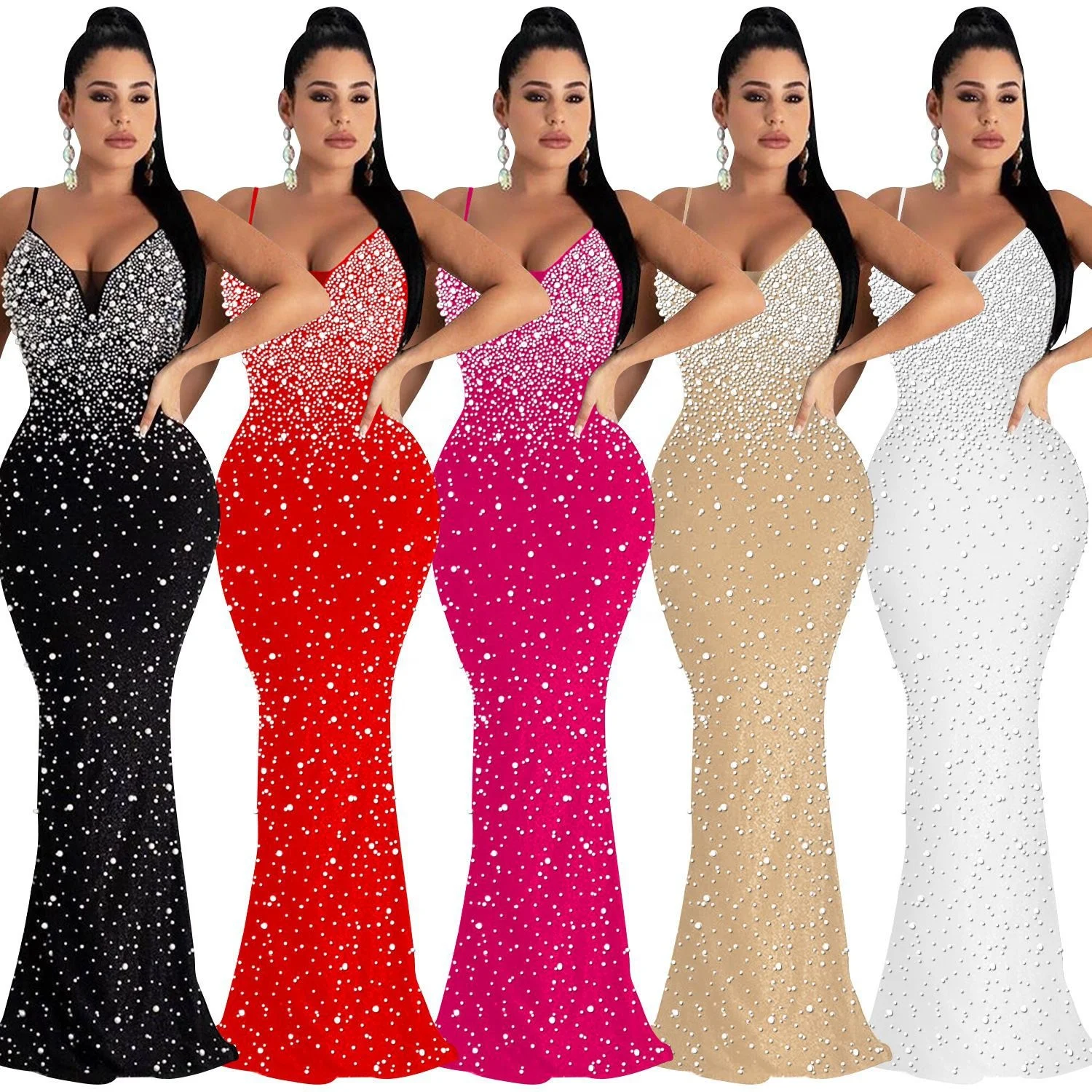 New Arrival Fashion Rhinestone Beaded Dresses Slim Fit Spaghetti Strap Dress Sleeveless Long Party Club Dress