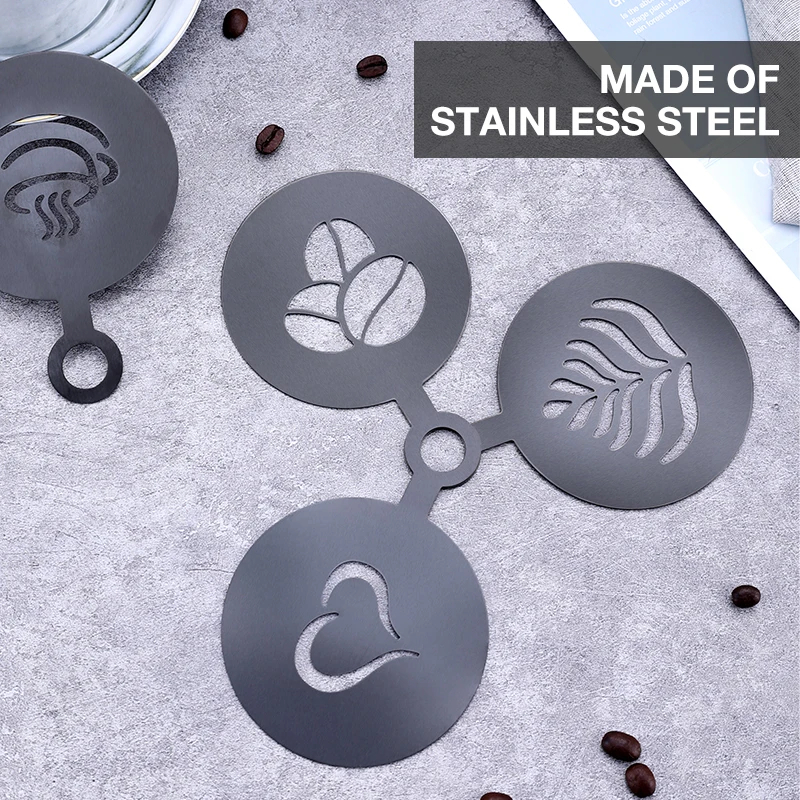Fancy creative custom 4-piece coffee drawing pattern tool stainless steel coffee drawing mould set for home coffee shop